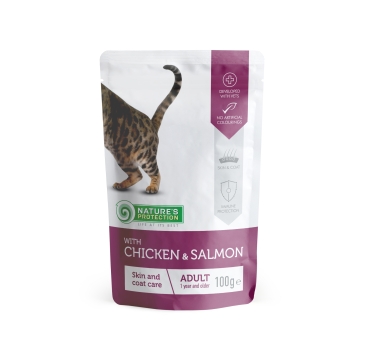 Nature's Protection Adult cats Skin &amp; Сoat care Chicken &amp; Salmon Вологий корм для котів для підтримки здоров'я шерсті і шкіри з куркою і лососем, 100 г