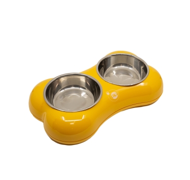 Миска для тварин KIKA BONE SHAPE, подвійна, жовта, розмір M