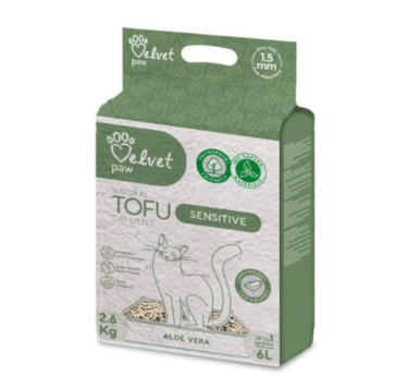 VELVET PAW TOFU наповнювач для котів з підвищеною чутливістю, з екстрактом алое вера, гранули 1.5 мм, 2.6 кг 6 л