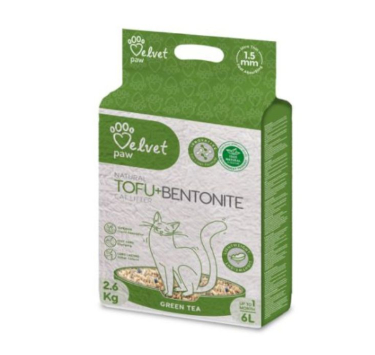 VELVET PAW TOFU наповнювач для котячих туалетів з бентонітом та екстрактом зеленого чаю, гранули 1,5 мм, 2,6 кг 6 л