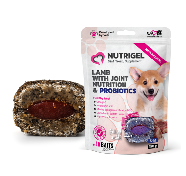 LK Baits Pet Nutrigel Lamb S-M Функціональні ласощі для собак для суглобів з ягням і пробіотиками (Ø 15 мм), 150 г